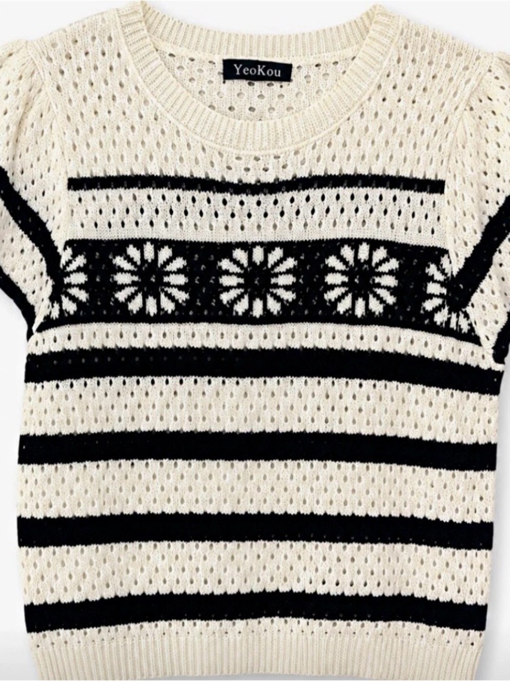 Ivory & Black Short-Sleeve Openwork Knit Top